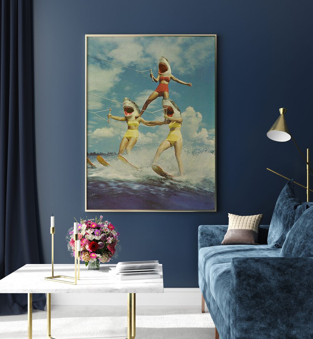 Surreal art print showing three women water-skiing with shark heads, titled ON EVIL BEACH - SHARK ATTACK , SURREAL ART PRINTS.