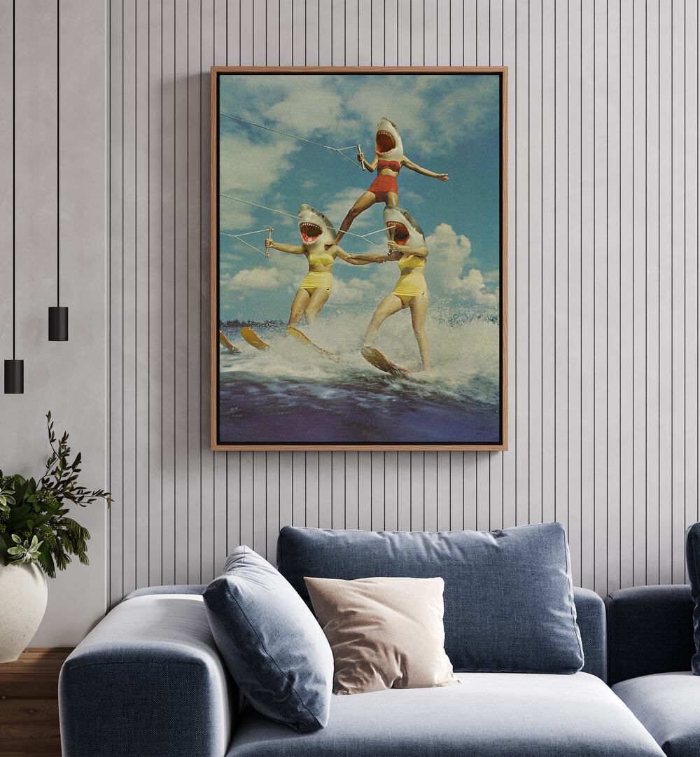 Surreal art print "ON EVIL BEACH - SHARK ATTACK" features playful figures with shark heads, perfect for unique decor.
