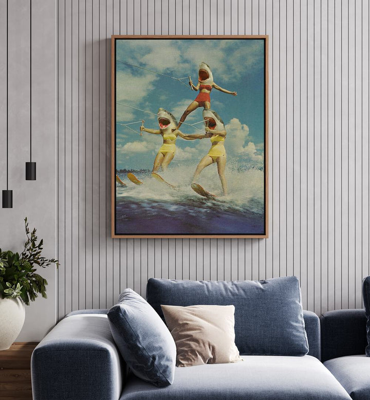 Surreal art print "ON EVIL BEACH - SHARK ATTACK" features playful figures with shark heads, perfect for unique decor.