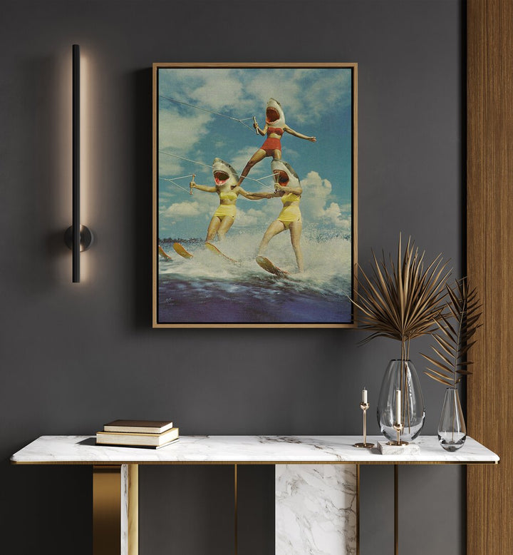 Surreal art print featuring a playful shark attack scene, part of the ON EVIL BEACH - SHARK ATTACK collection.
