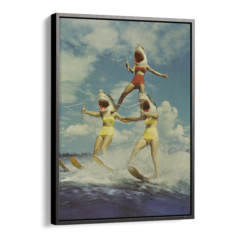 Surreal art print featuring a beach scene with shark-headed figures, embodying ON EVIL BEACH - SHARK ATTACK, SURREAL ART PRINTS.