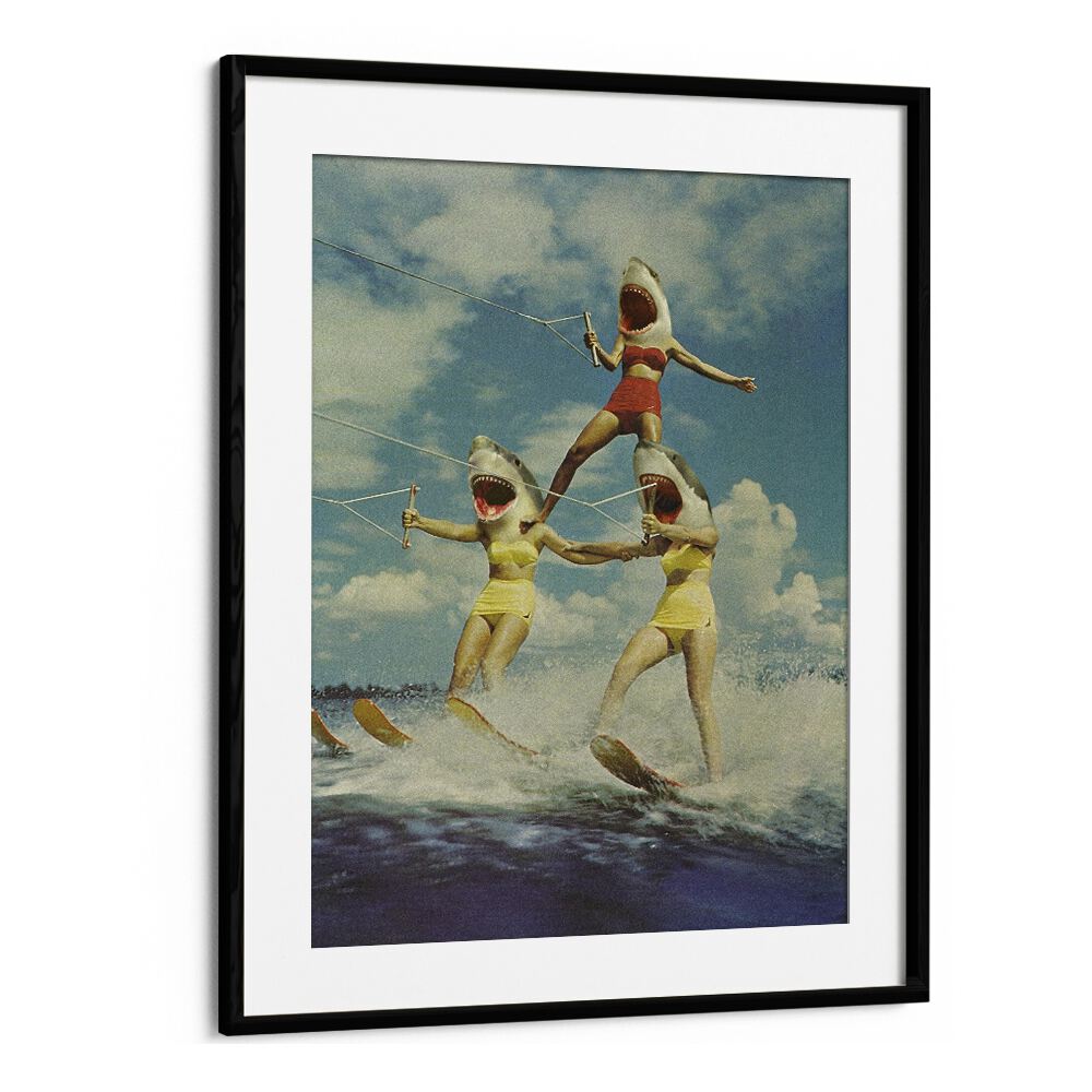 Surreal art print featuring sharks on water skis, titled ON EVIL BEACH - SHARK ATTACK, perfect for unique decor.