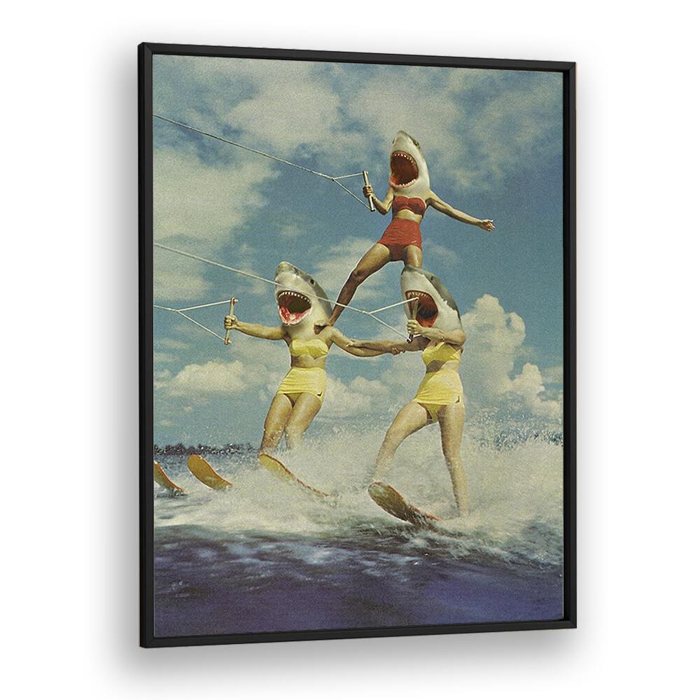Surreal art print featuring a whimsical shark attack scene titled "ON EVIL BEACH - SHARK ATTACK, SURREAL ART PRINTS."