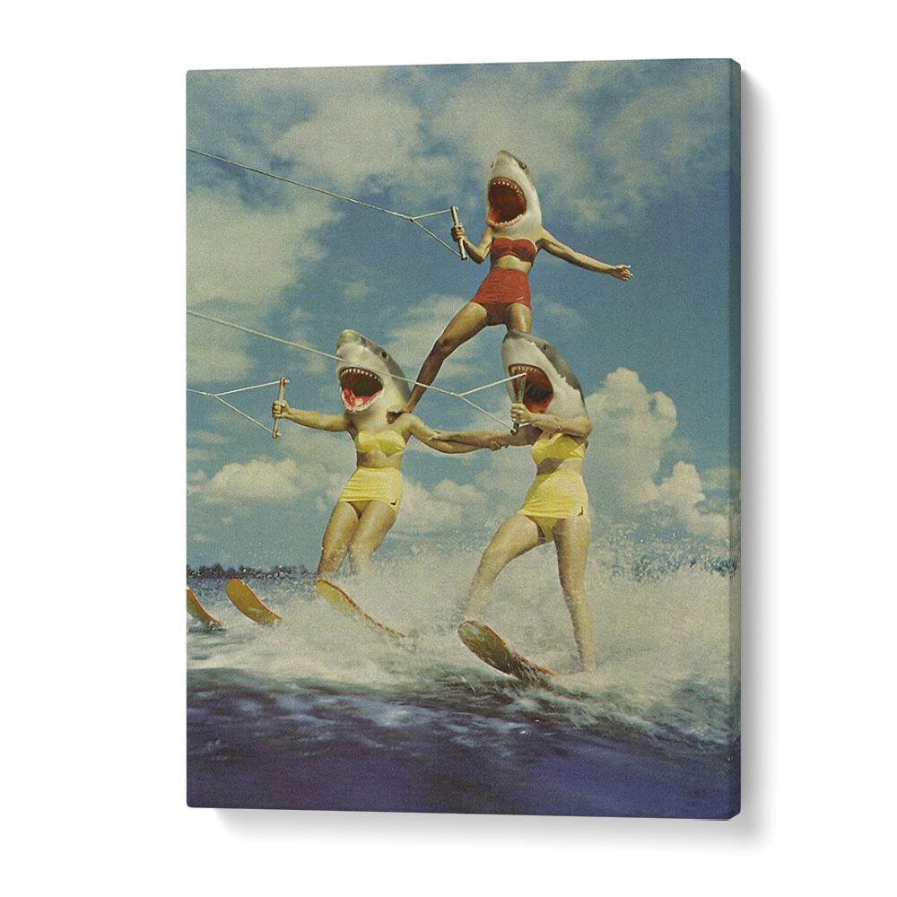 Surreal art prints showcasing a whimsical shark attack scene at a beach, perfect for unique decor: ON EVIL BEACH - SHARK ATTACK.