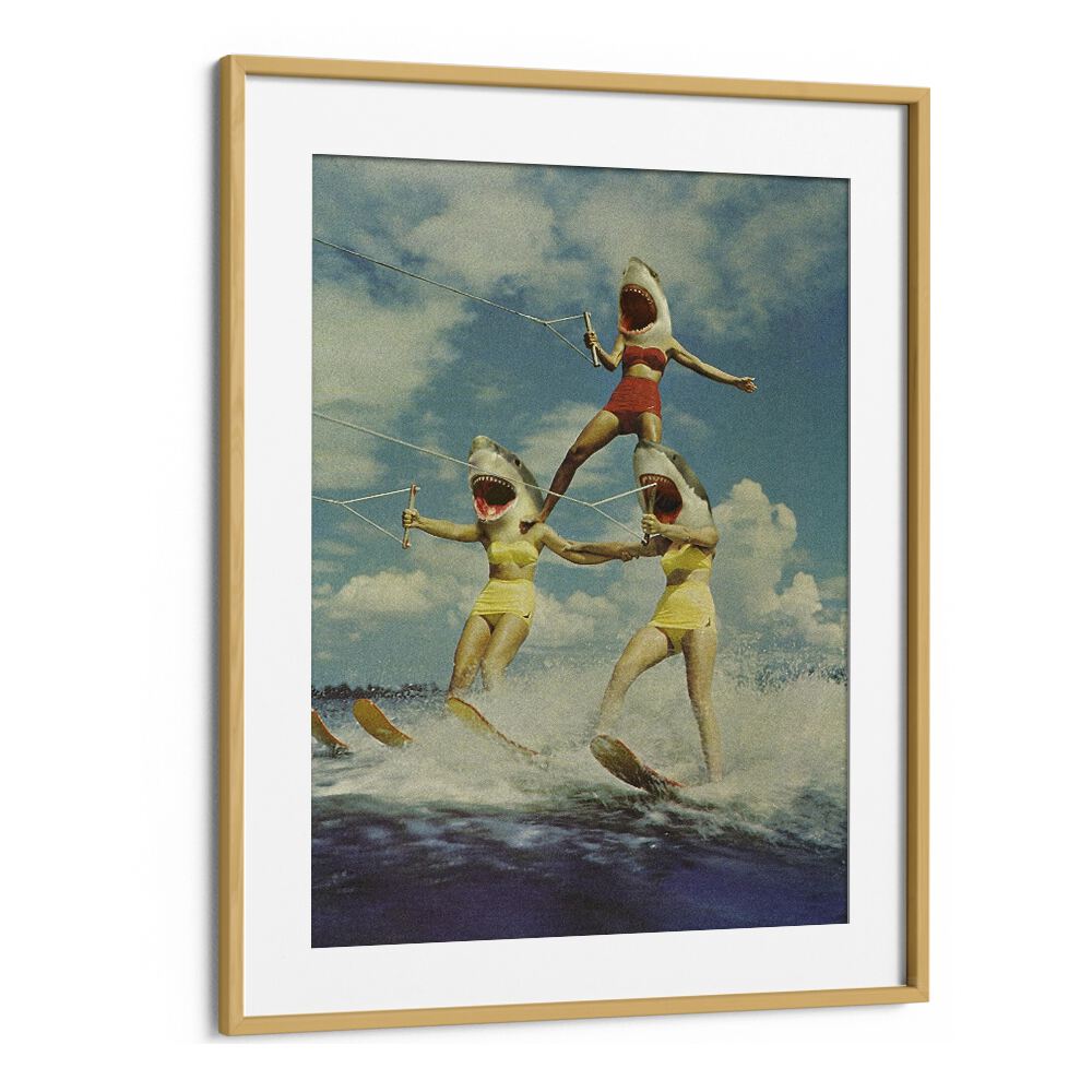 Surreal art print featuring a whimsical shark attack scene titled ON EVIL BEACH - SHARK ATTACK, SURREAL ART PRINTS.