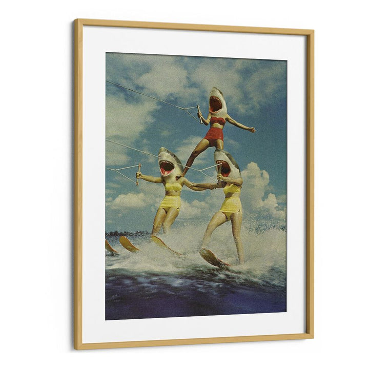 Surreal art print featuring a whimsical shark attack scene titled ON EVIL BEACH - SHARK ATTACK, SURREAL ART PRINTS.