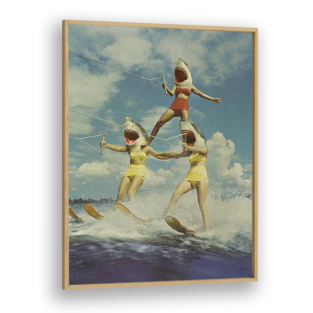 Surreal art print featuring whimsical shark-headed figures on water skis, part of ON EVIL BEACH - SHARK ATTACK, SURREAL ART PRINTS.