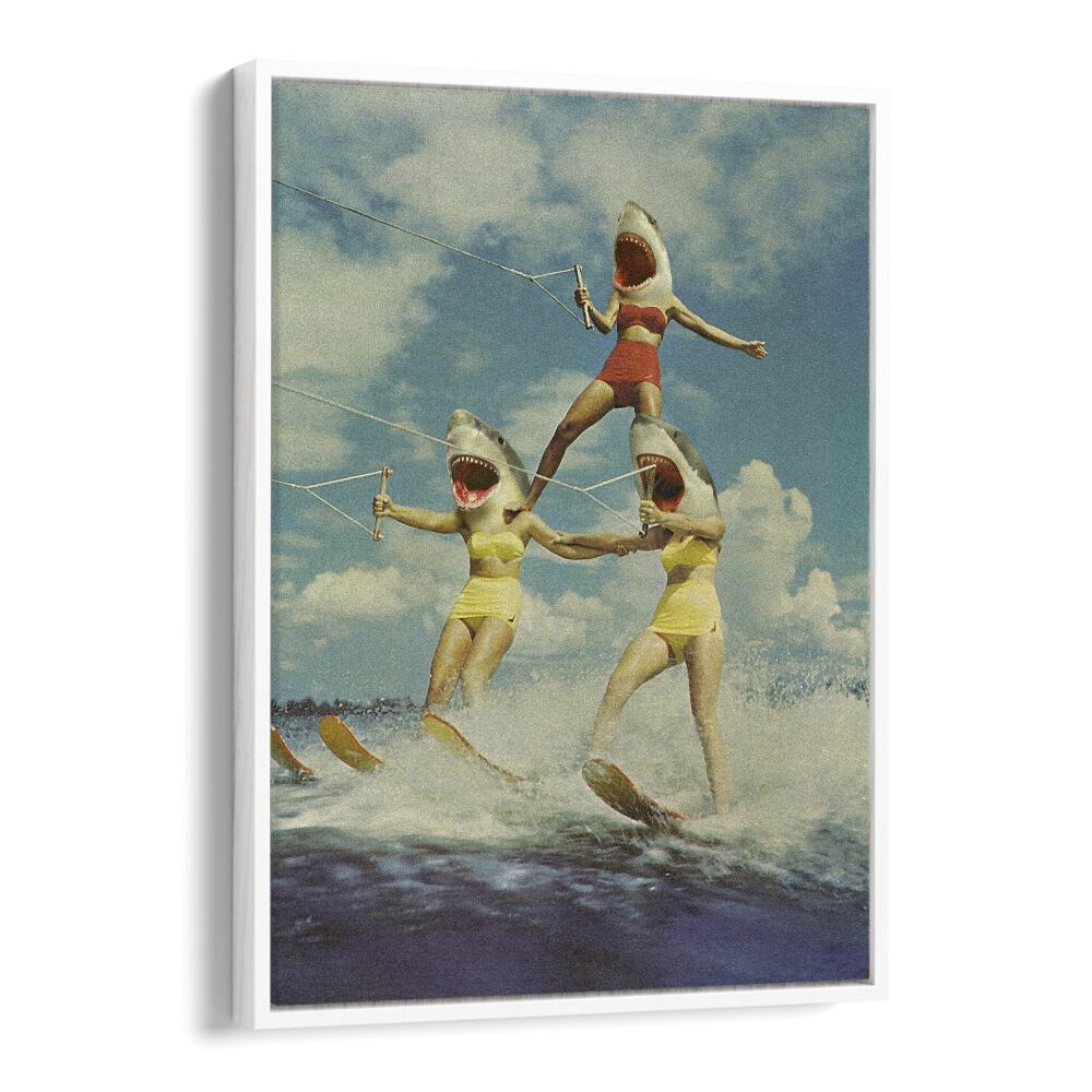 Surreal art print featuring whimsical shark attack scene, perfect for fans of ON EVIL BEACH - SHARK ATTACK, SURREAL ART PRINTS.