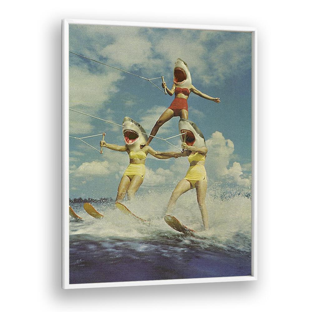 Surreal art print featuring a whimsical shark attack scene, showcasing ON EVIL BEACH - SHARK ATTACK, SURREAL ART PRINTS.