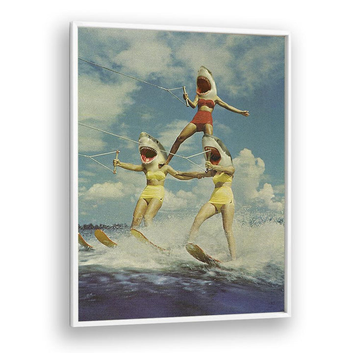 Surreal art print featuring a whimsical shark attack scene, showcasing ON EVIL BEACH - SHARK ATTACK, SURREAL ART PRINTS.