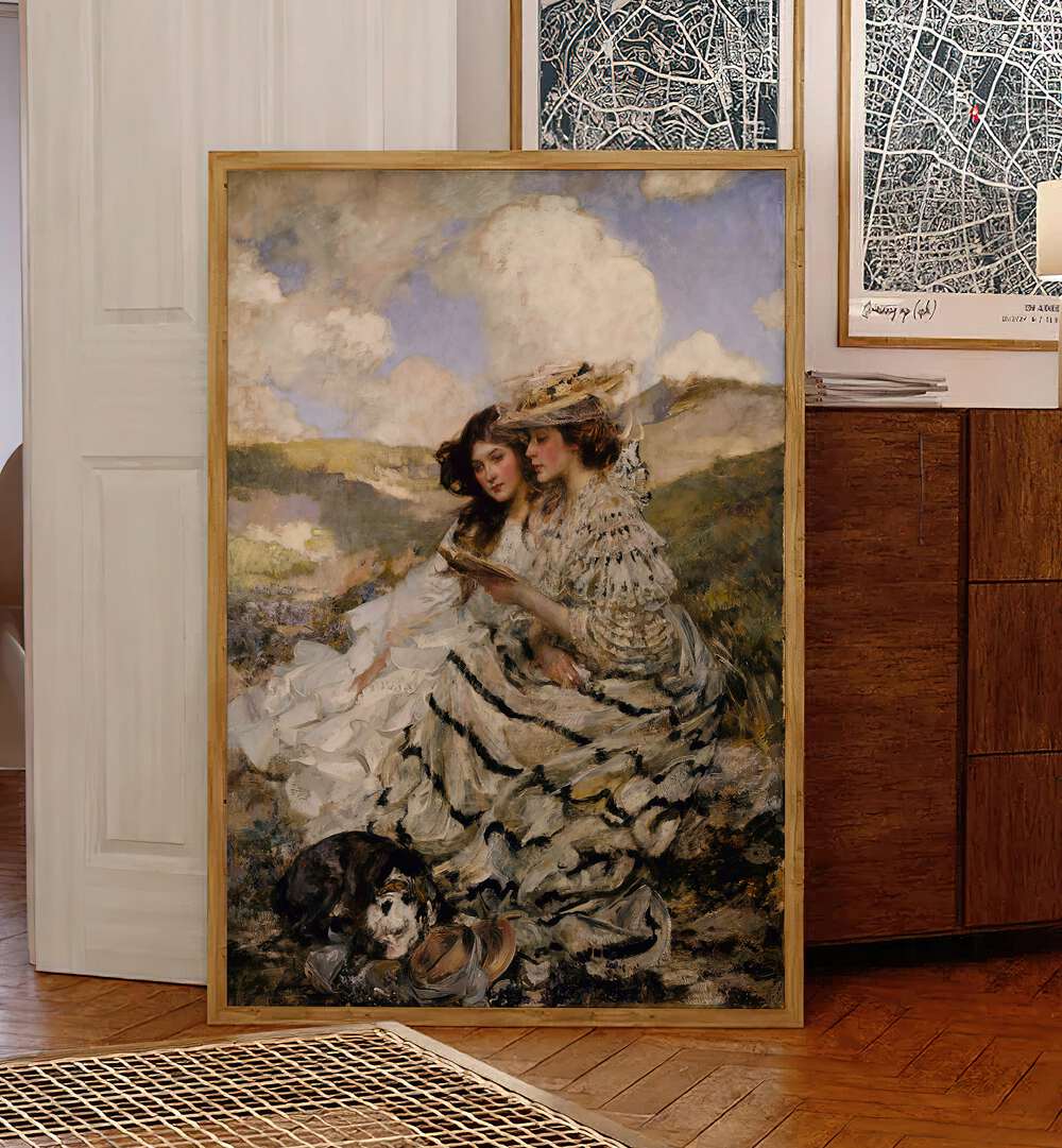 Elegant vintage painting "On the Dunes," featuring two women in flowing dresses, perfect for art lovers' homes.
