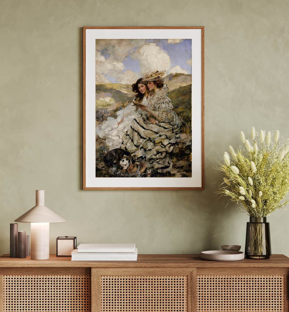 Vintage painting "On the Dunes" featuring two women and a dog, perfect for adding elegance to your space.