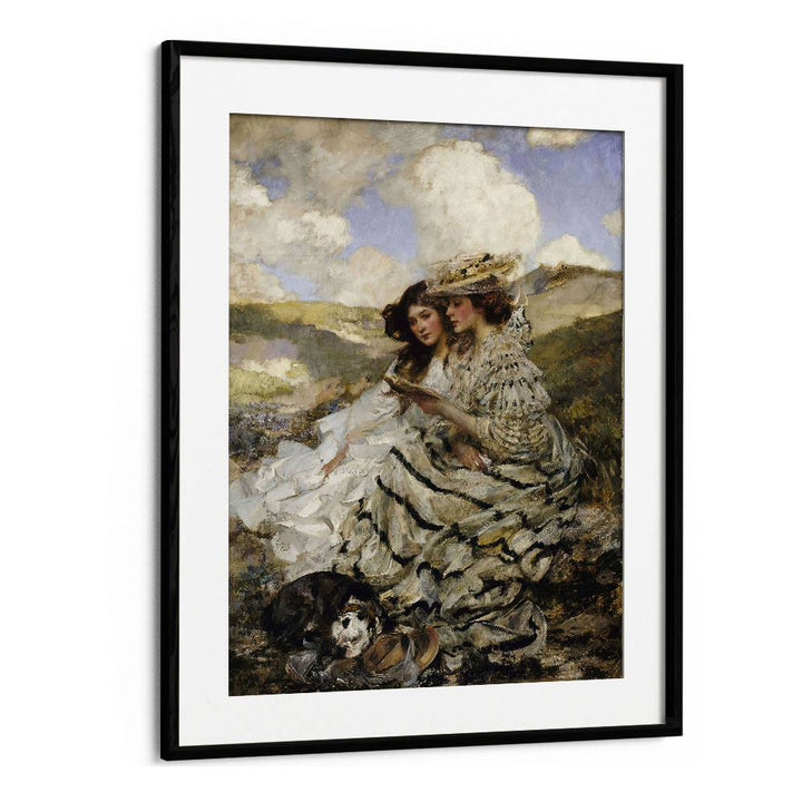 "ON THE DUNES, VINTAGE PAINTINGS in a black frame, featuring two women in serene beach attire by the sea."