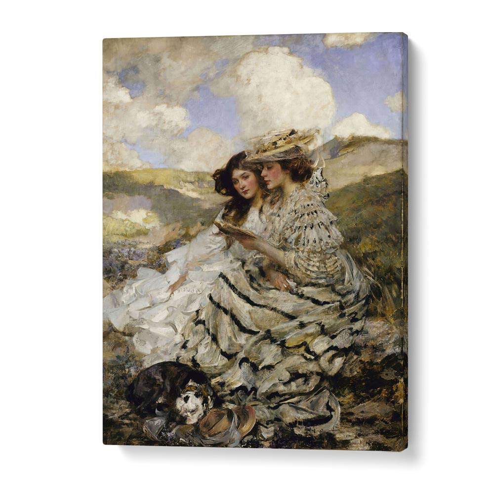 Whimsical scene from "On the Dunes, Vintage Paintings," featuring two women and a dog in serene nature.