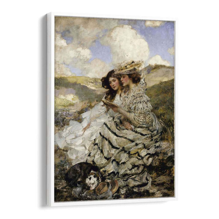 Two elegant women in vintage dresses reading on a hillside, featured in "ON THE DUNES, VINTAGE PAINTINGS."