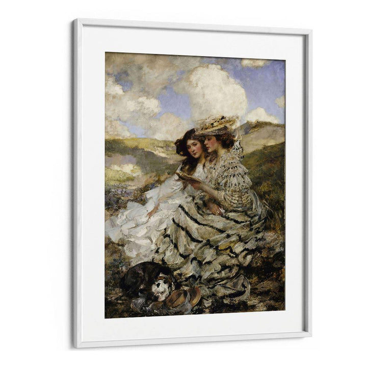Elegant vintage painting "On the Dunes," featuring two women and a dog, perfect for home decor.