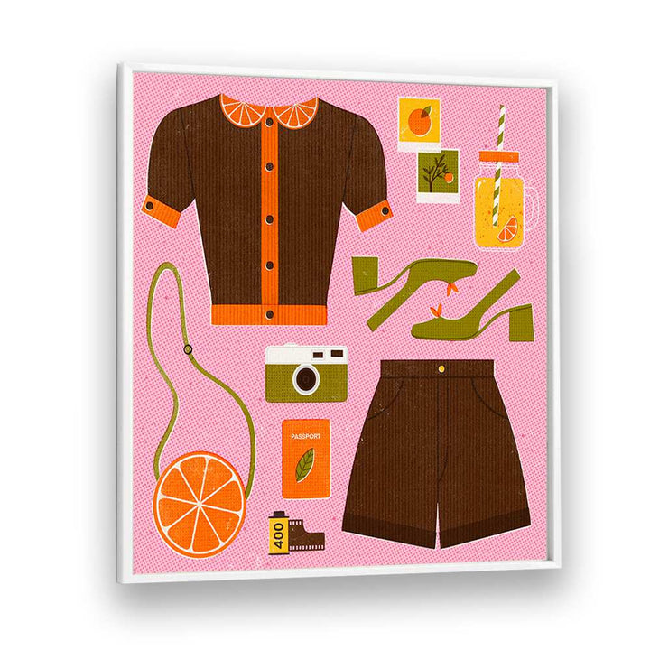 Vibrant ORANGE, FASHION POSTERS by Julia Leister, featuring stylish clothing and playful accessories for modern decor.