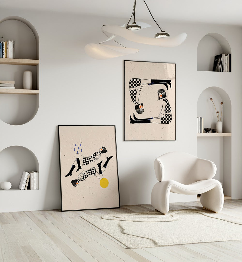 Stylish living room featuring the OSCILLATING THOUGHTS SET, SET OF 2 PAINTINGS, enhancing creativity and emotion.