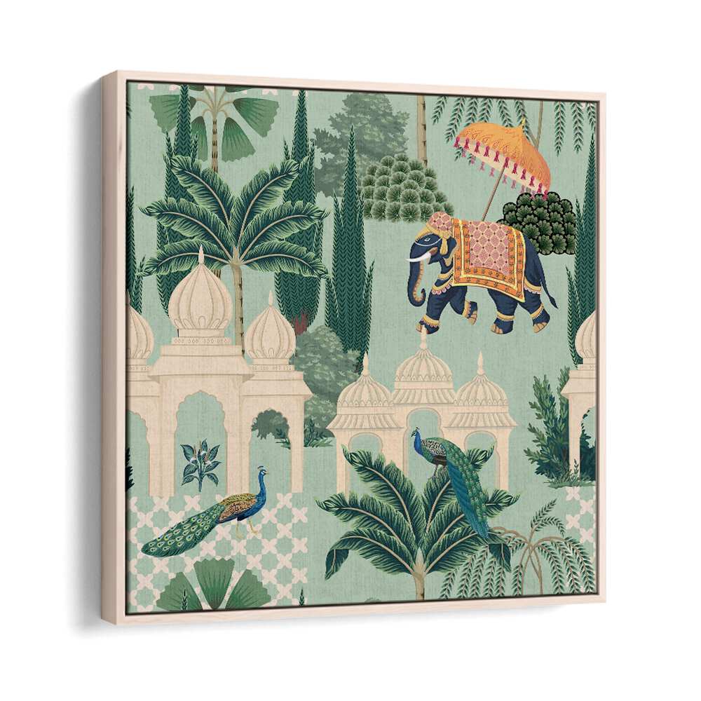 Vibrant PEACOCK AND ELEPHANT PARADE, INDIAN ART PAINTINGS showcasing Mughal grandeur, perfect for your decor.