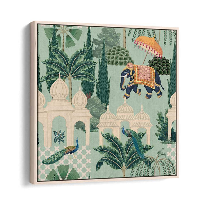 Vibrant PEACOCK AND ELEPHANT PARADE, INDIAN ART PAINTINGS showcasing Mughal grandeur, perfect for your decor.