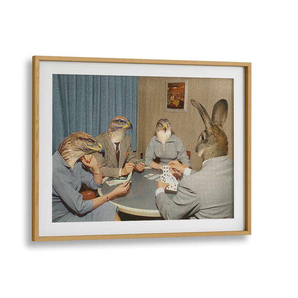Surreal art print "ANIMAL RUMMY" by Vertigo Artography, featuring animals at a card table, perfect for transforming spaces.