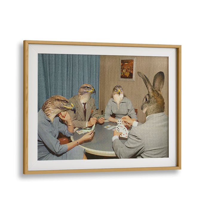 Surreal art print "ANIMAL RUMMY" by Vertigo Artography, featuring animals at a card table, perfect for transforming spaces.