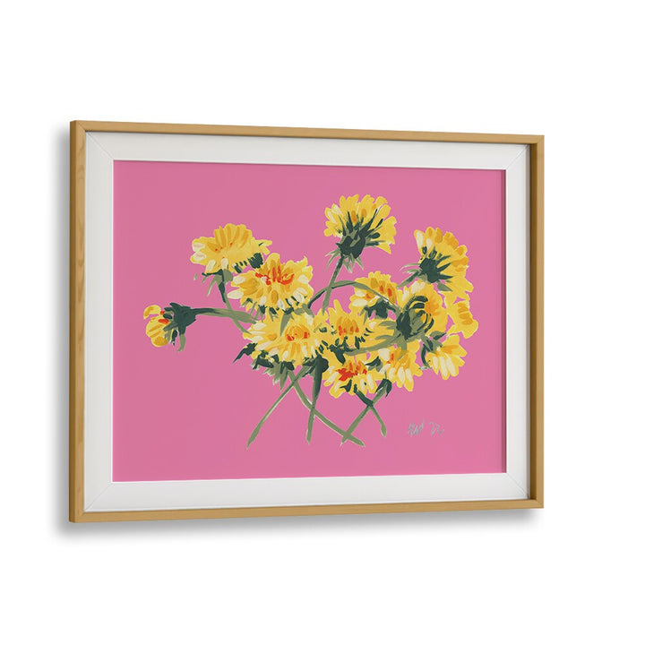 YELLOW DANDELIONS ON PINK , FLORAL FLOWER PAINTINGS