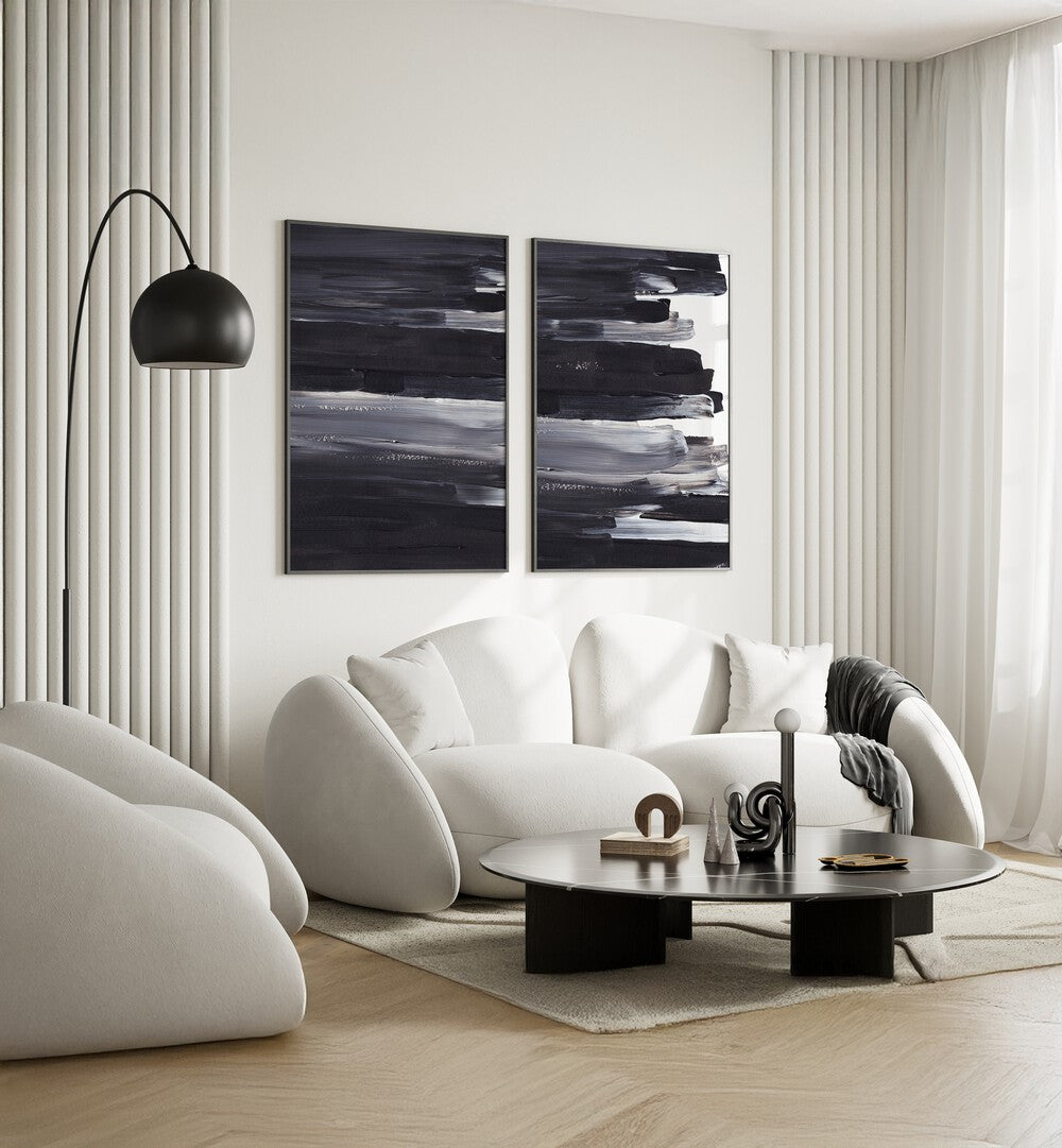 Stunning OBSIDIAN WAVES SET, SET OF 2 PAINTINGS enhances modern living spaces with abstract elegance.
