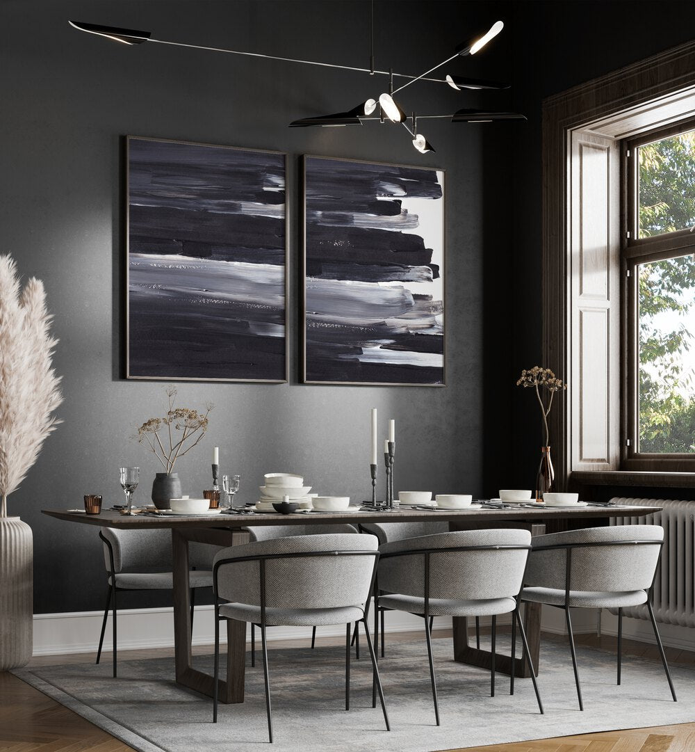 Stylish dining room featuring the OBSIDIAN WAVES SET, SET OF 2 PAINTINGS, enhancing modern elegance and abstract beauty.