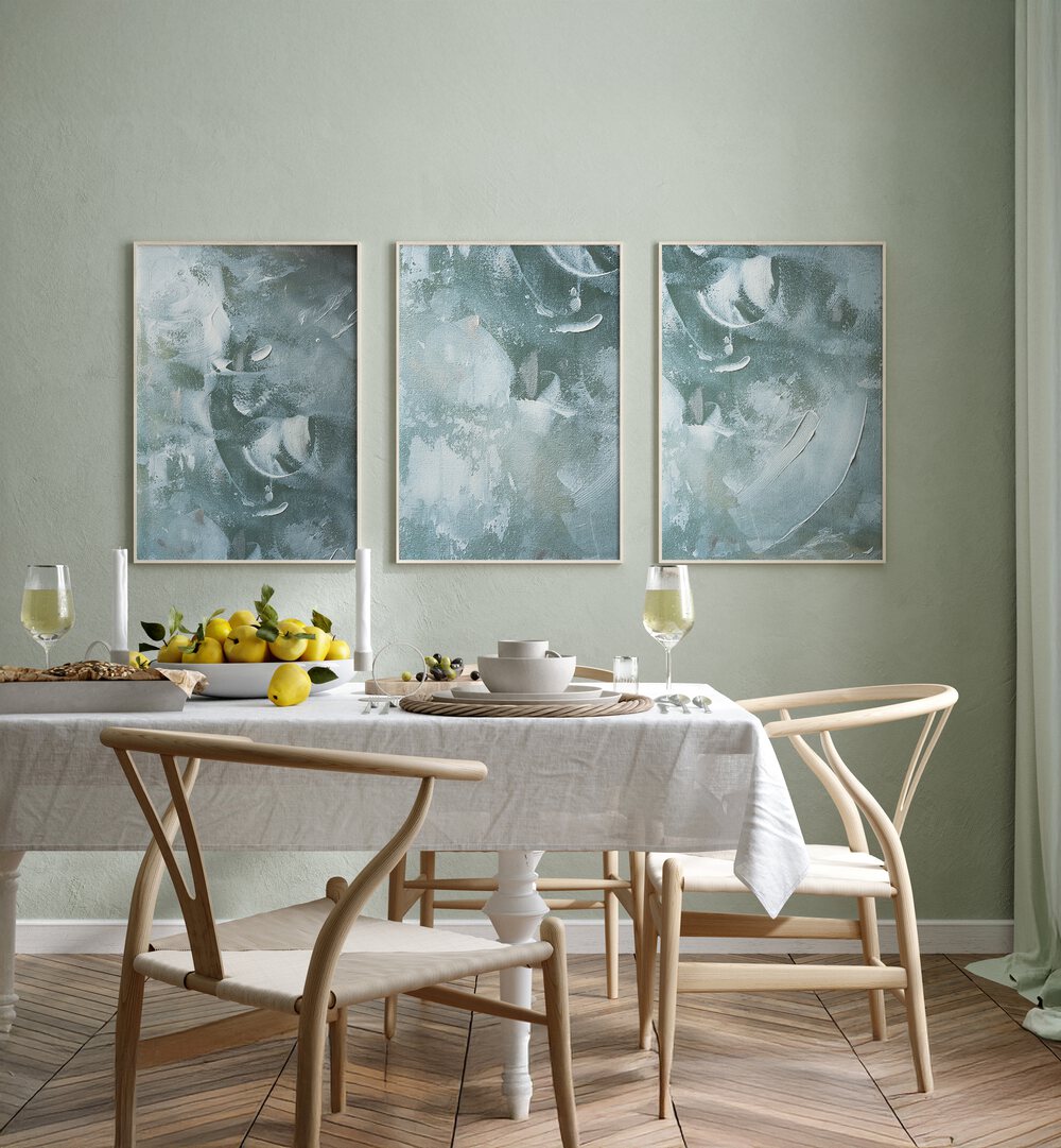 Elevate your space with the OCEAN WHISPER SET, SET OF 3 PAINTINGS, featuring calming coastal hues and textures.