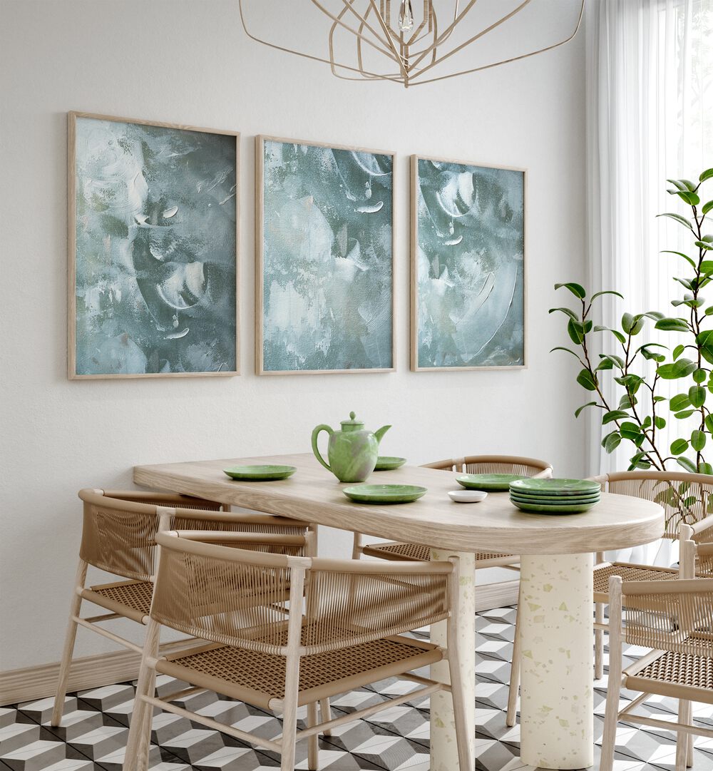 Create a serene atmosphere with the OCEAN WHISPER SET, SET OF 3 PAINTINGS, perfect for coastal-inspired decor.