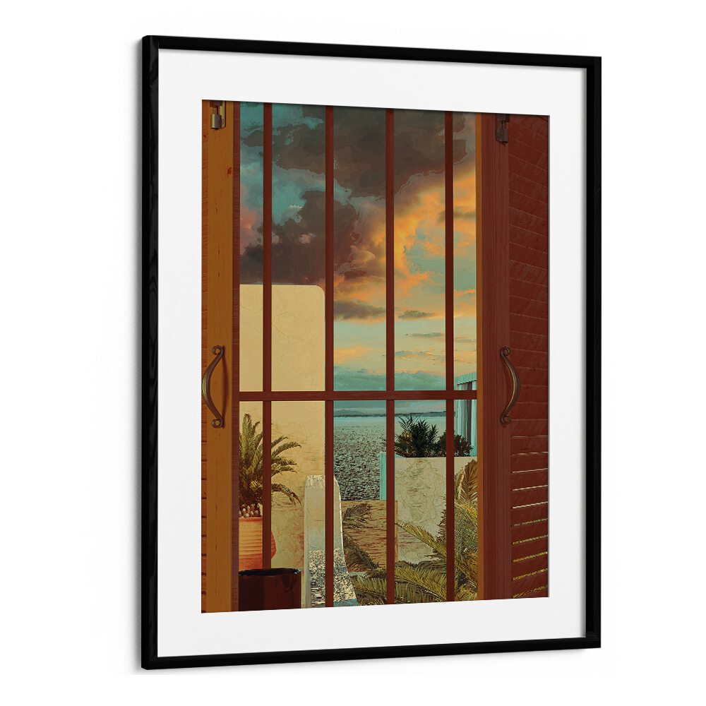 Open Window, Surreal Art Prints by Cosmo Zach features a captivating seaside view framed in elegant design.