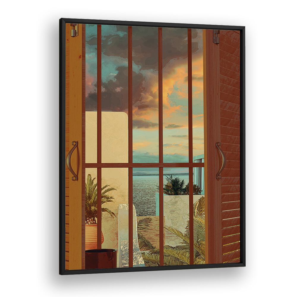 OPEN WINDOW, SURREAL ART PRINTS by Cosmo Zach showcases a breathtaking view framed in elegant wooden shutters.