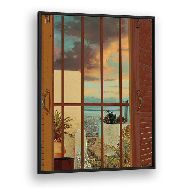 OPEN WINDOW, SURREAL ART PRINTS by Cosmo Zach showcases a breathtaking view framed in elegant wooden shutters.