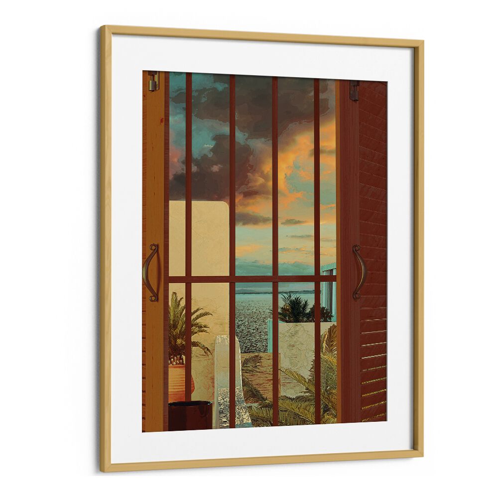 OPEN WINDOW, SURREAL ART PRINTS by Cosmo Zach features a serene view framed in elegant oak wood.