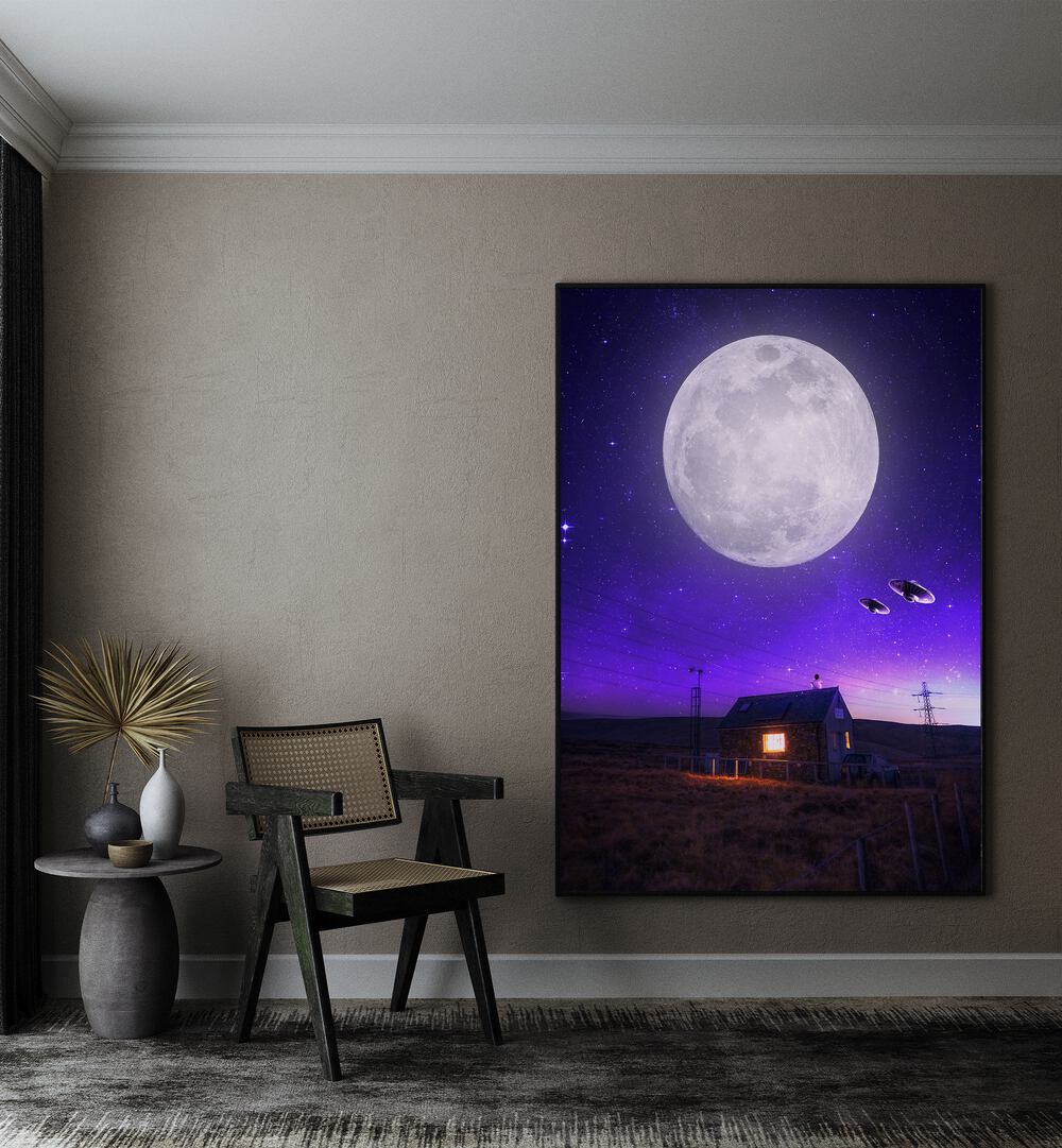 Stunning ORB OF NIGHT, SURREAL ART PRINTS by Ritvik Takkar, featuring a dreamy moonlit landscape in a cozy setting.