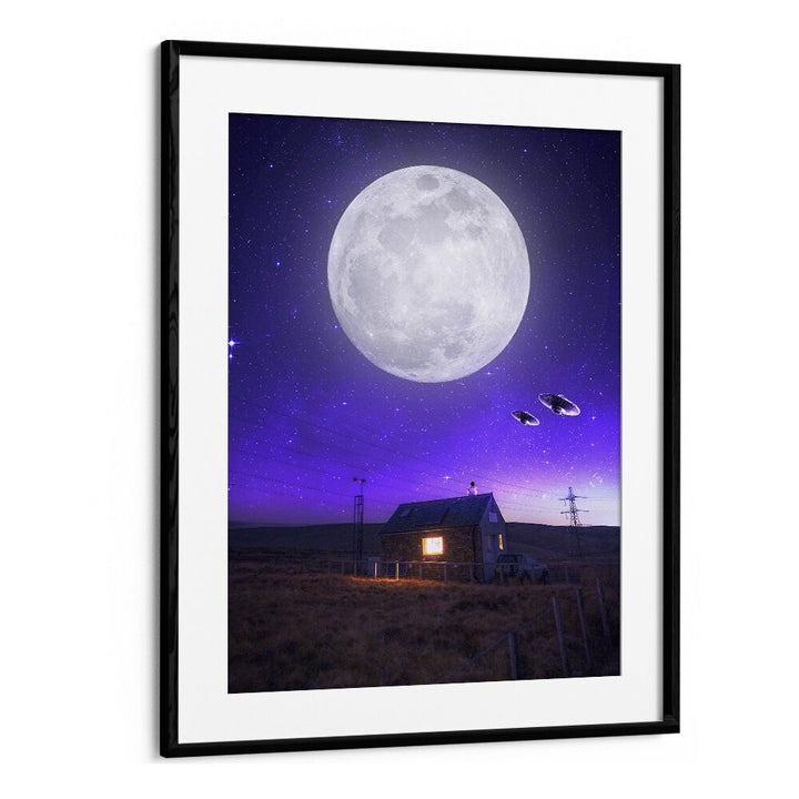 Stunning "ORB OF NIGHT, SURREAL ART PRINTS" by Ritvik Takkar, featuring a moonlit landscape and cosmic elements.