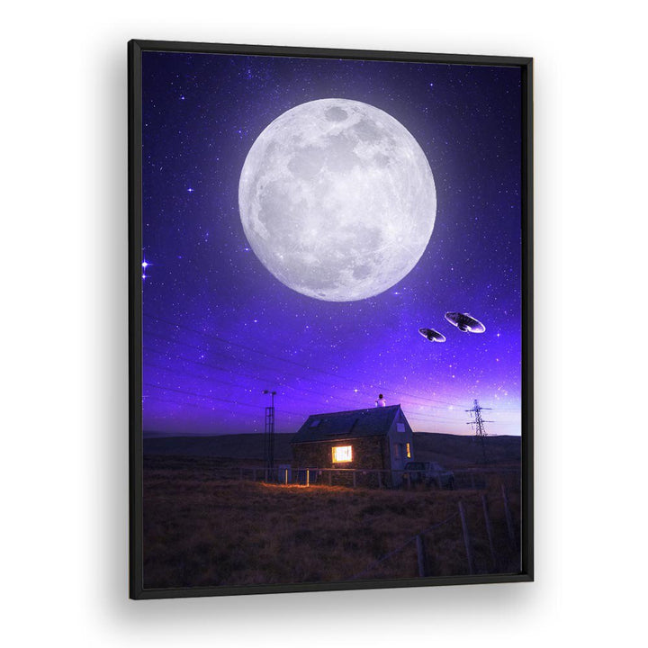 Stunning "ORB OF NIGHT, SURREAL ART PRINTS" by Ritvik Takkar, featuring a vivid moonlit landscape and UFOs.