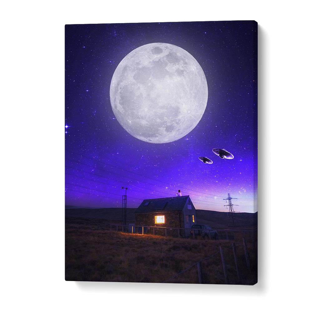 Explore the mystical "ORB OF NIGHT, SURREAL ART PRINTS" featuring a dramatic moonlit landscape by Ritvik Takkar.