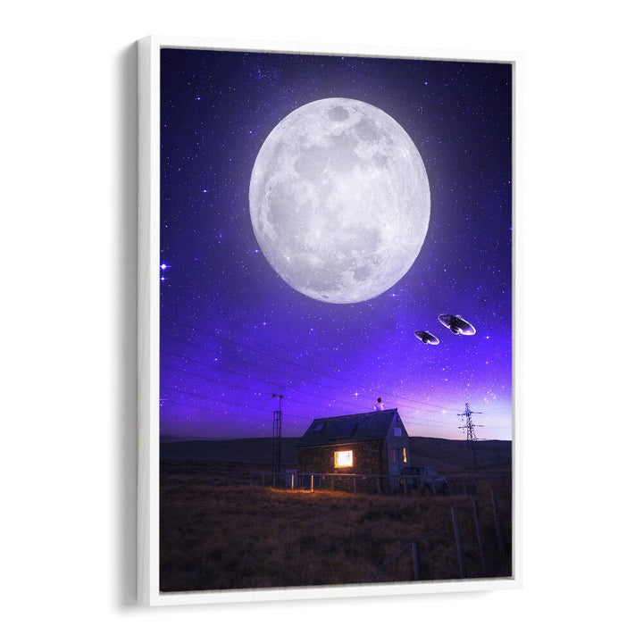 Stunning "ORB OF NIGHT, SURREAL ART PRINTS" by Ritvik Takkar, featuring a moonlit scene with UFOs and a cozy house.