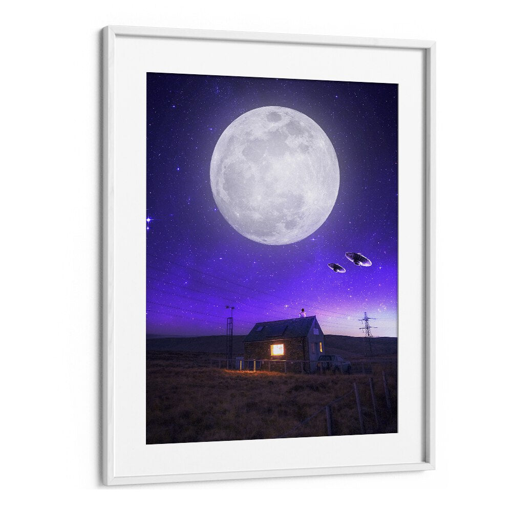 Stunning ORB OF NIGHT, SURREAL ART PRINTS by Ritvik Takkar features a moonlit scene with a cozy house under a starry sky.