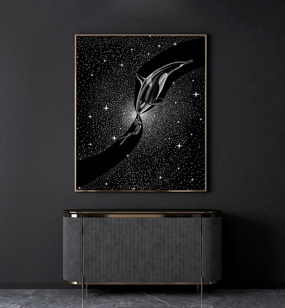 Surreal art print featuring "ORCA AND DIVER" by Aliriza Çakır, blending reality and imagination beautifully.