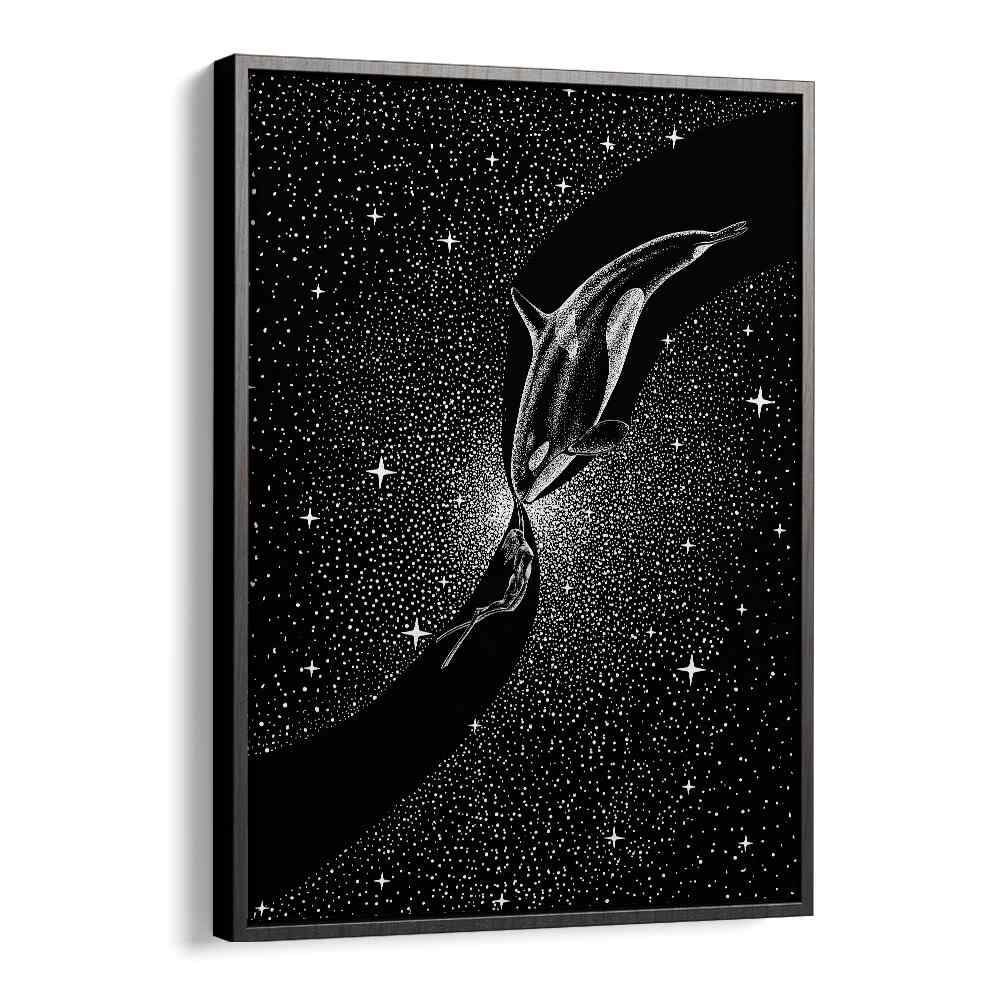Surreal art print "ORCA AND DIVER" by Aliriza Çakır, blending imagination and reality in a stunning black frame.