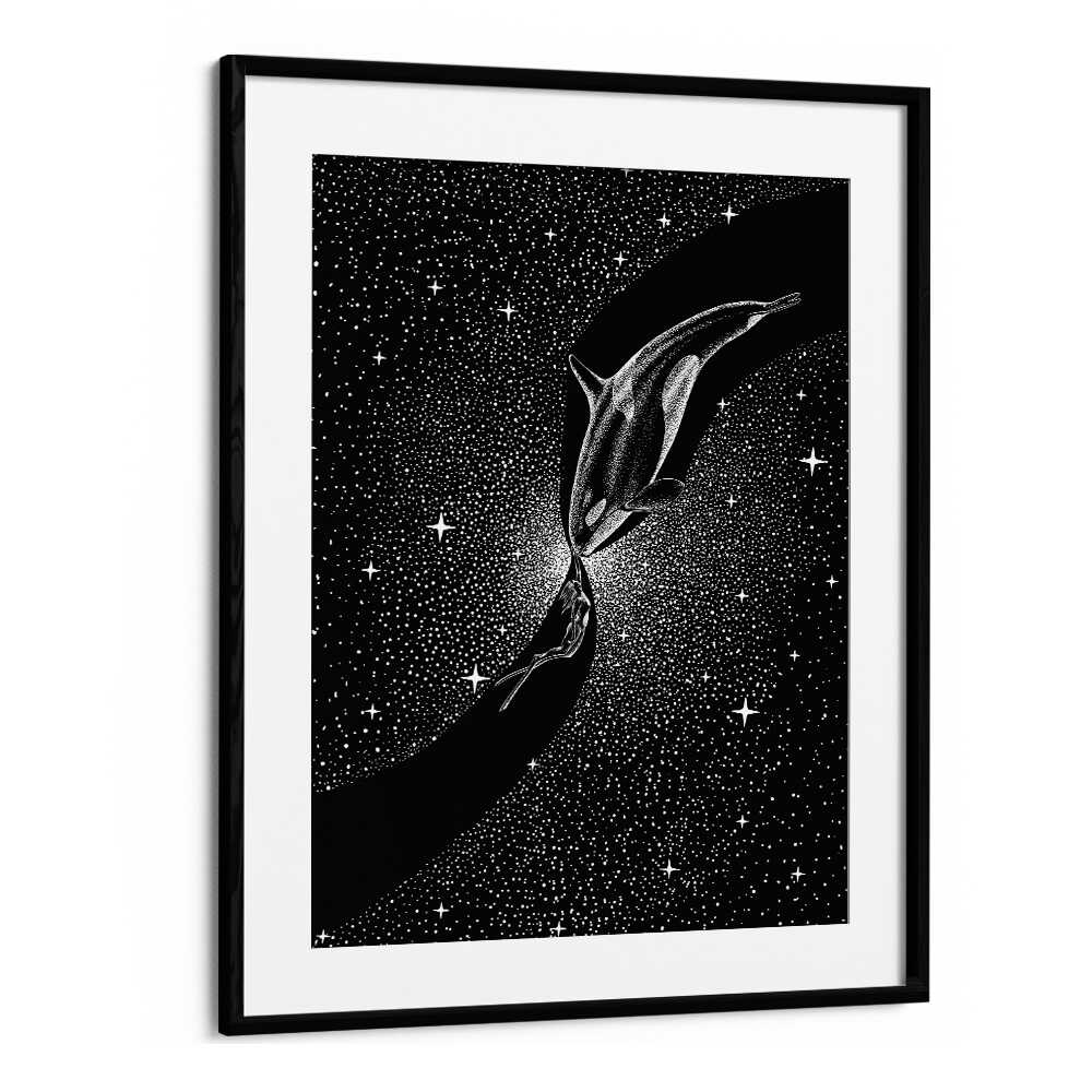 Surreal art print featuring a diver and orca, titled "ORCA AND DIVER , SURREAL ART PRINTS" by Aliriza Çakır.