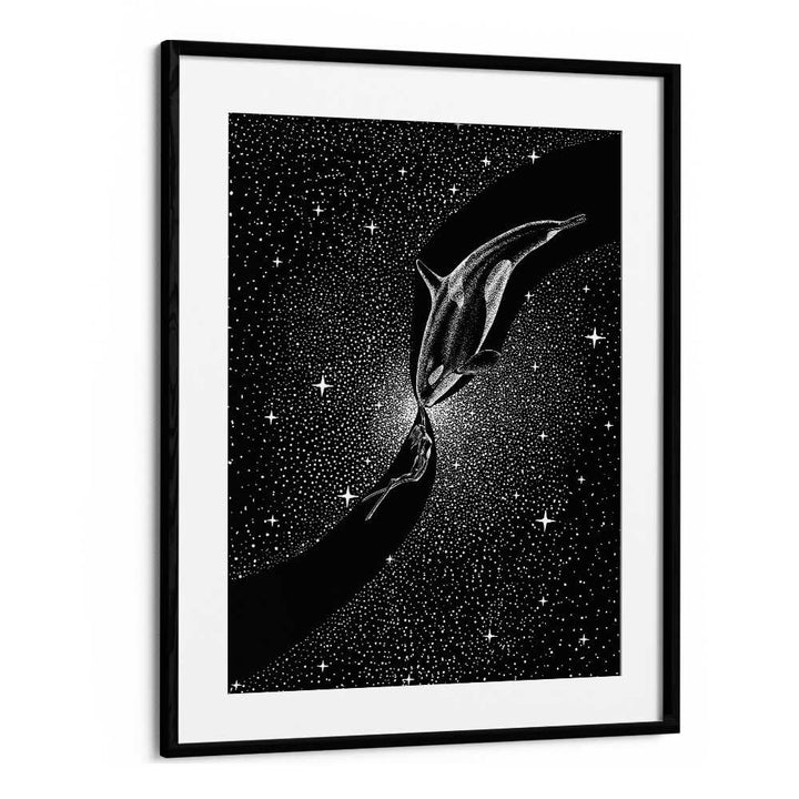 Surreal art print featuring a diver and orca, titled "ORCA AND DIVER , SURREAL ART PRINTS" by Aliriza Çakır.