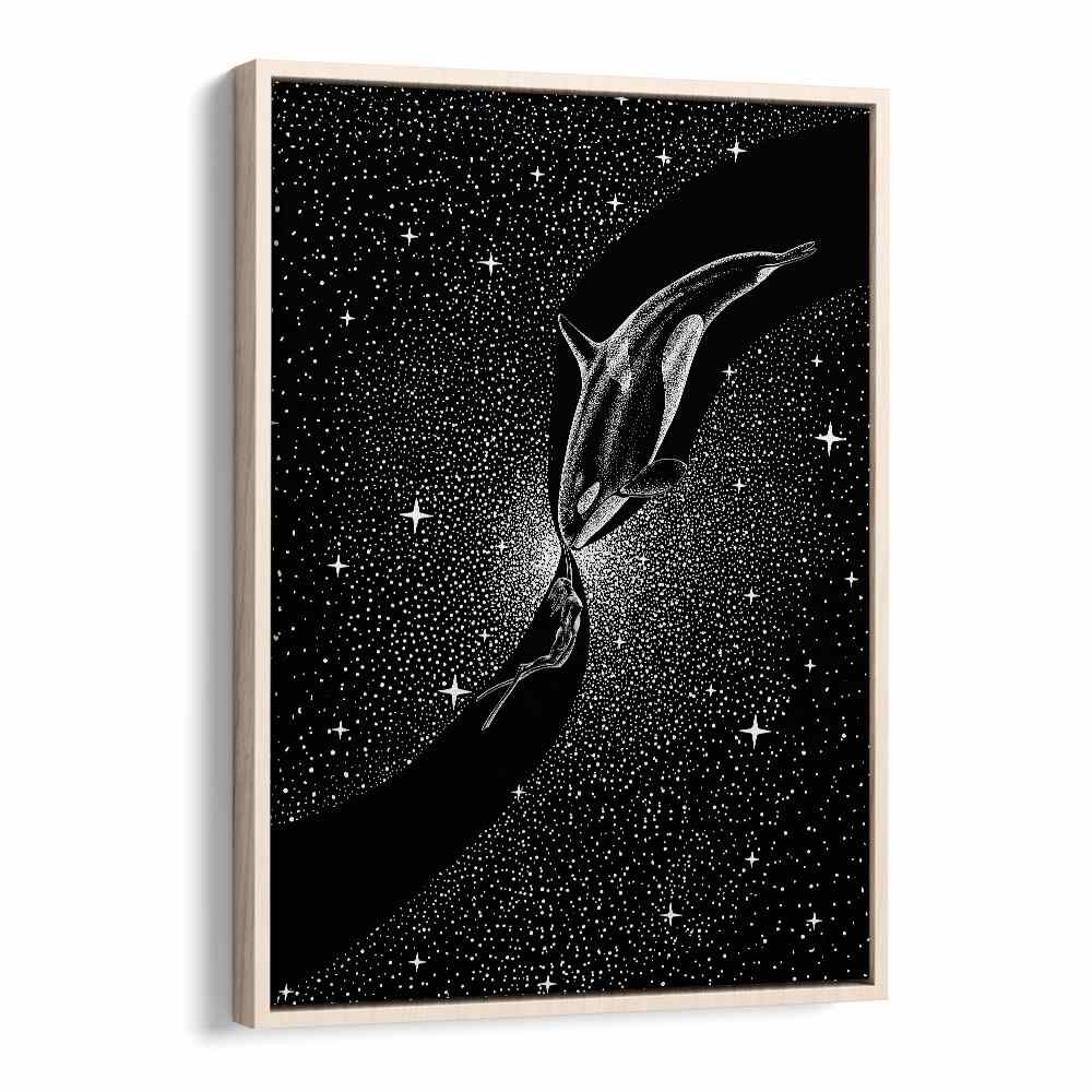 Surreal art print featuring a diver and orca, "ORCA AND DIVER, SURREAL ART PRINTS" by Aliriza Çakır, perfect decor.