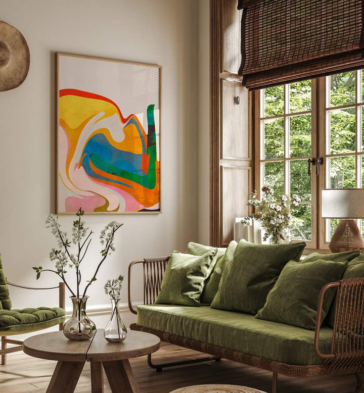 Vibrant ORGANIC BAUHAUS WAVED, ABSTRACT PAINTINGS by Ana Rut Bre, enhancing modern interiors with bold colors.