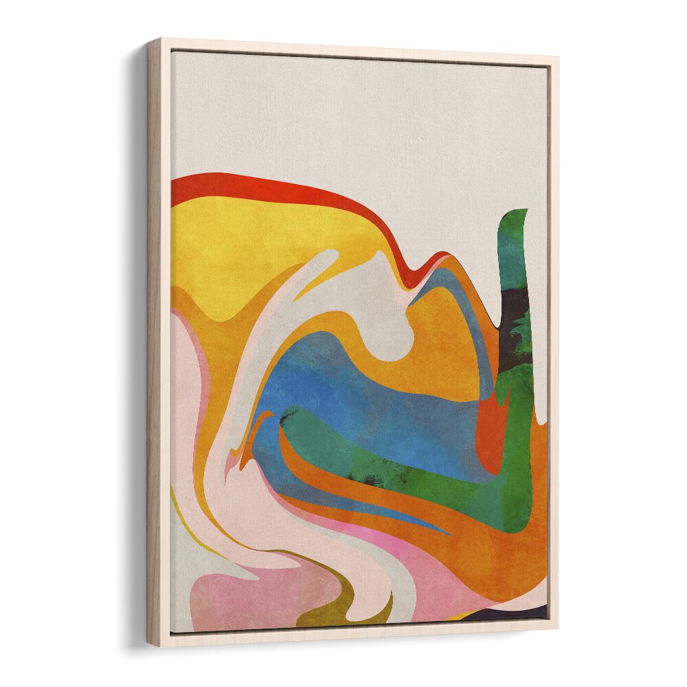 Colorful ORGANIC BAUHAUS WAVED, ABSTRACT PAINTINGS by Ana Rut Bre displayed in an oak wood floater frame.