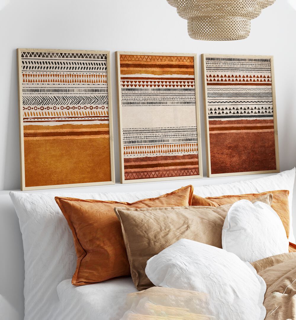 Stylish ORGANIC RUG PATTERNS, SET OF 3 PAINTINGS enhancing a cozy living space with modern bohemian elegance.