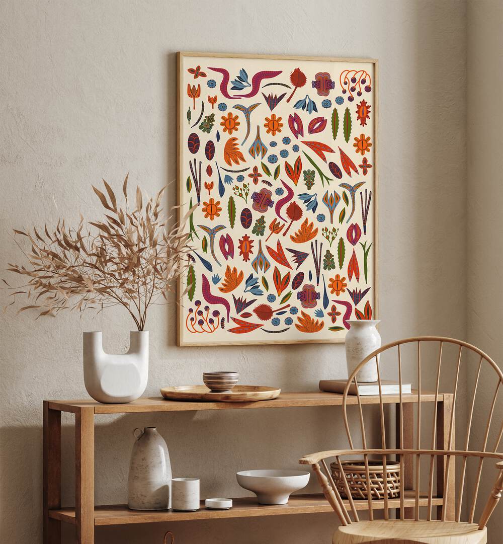 Brightly colored ORNAMENTS, FLORAL FLOWER PAINTINGS enhance home decor with exquisite botanical artistry.